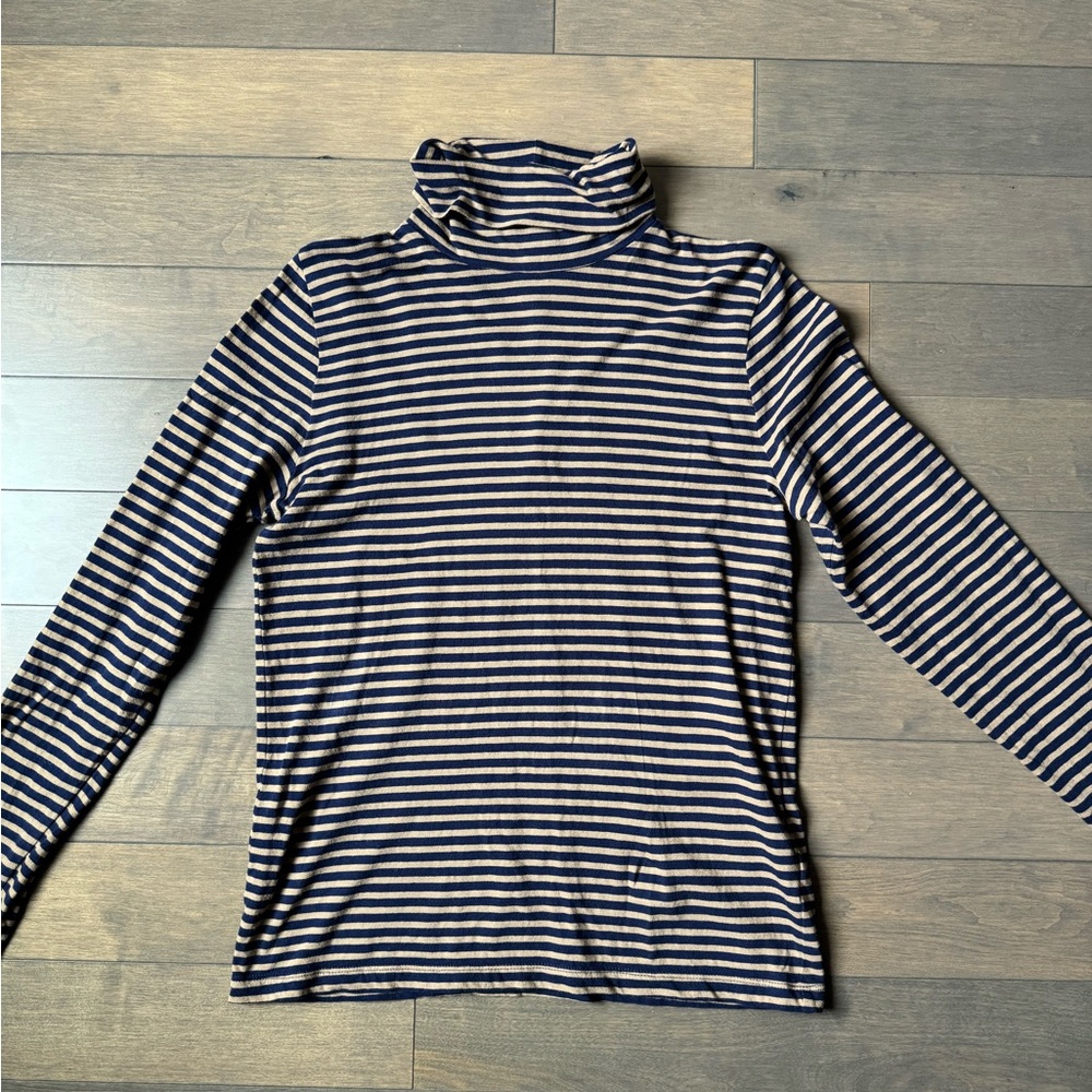 J Crew Size Small Classic Tissue Turtleneck in Navy w/ Camel Stripe 100% Cotton